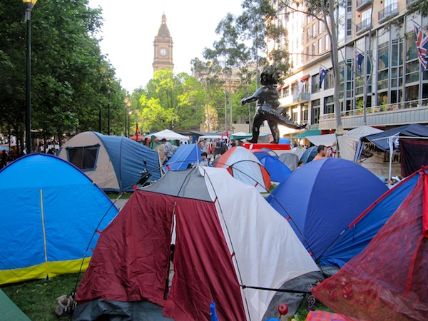 The Occupy Melbourne camp with the Town Hall behind