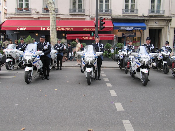 Police bikes and riders lined up waiting