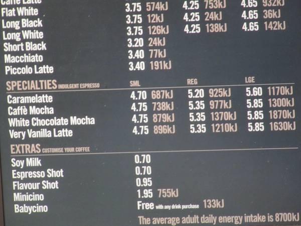 Gloria Jeans - coffee choices with calories