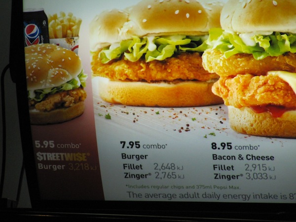KFC chicken burger and text about calorie choices