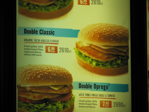 Oporto chicken burgers and calorie counts