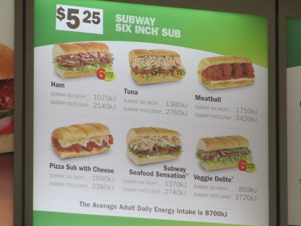 Subway sandwiches and calorie counts
