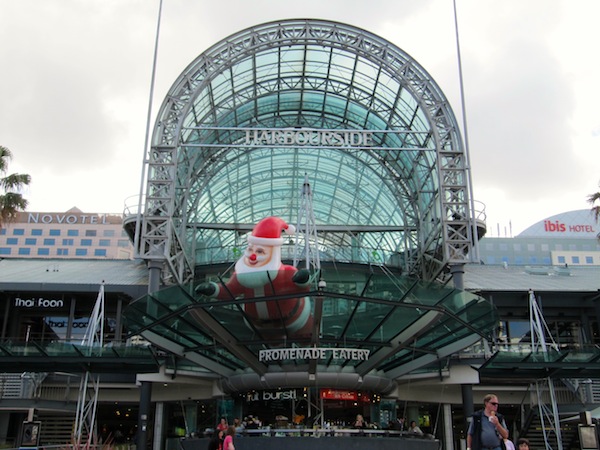 Darling Harbour - Father Christmas looks down from the shopping centre