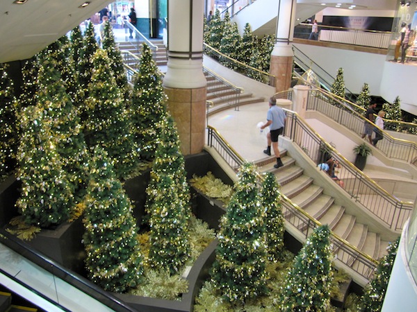Myer Food Court - Christmas trees line the entrance