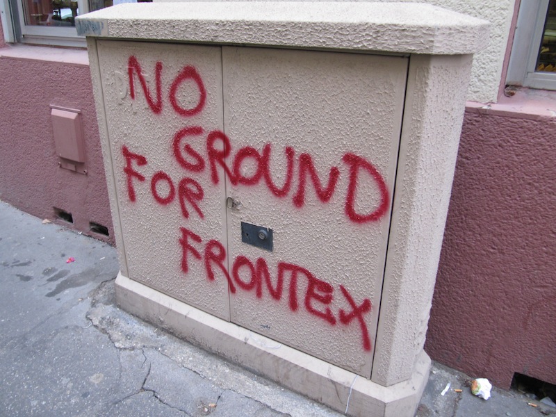 Political graffiti reads &ldquo;no ground for frontex&rdquo;