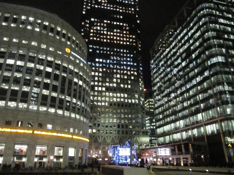 Office lights illuminate Canary Wharf