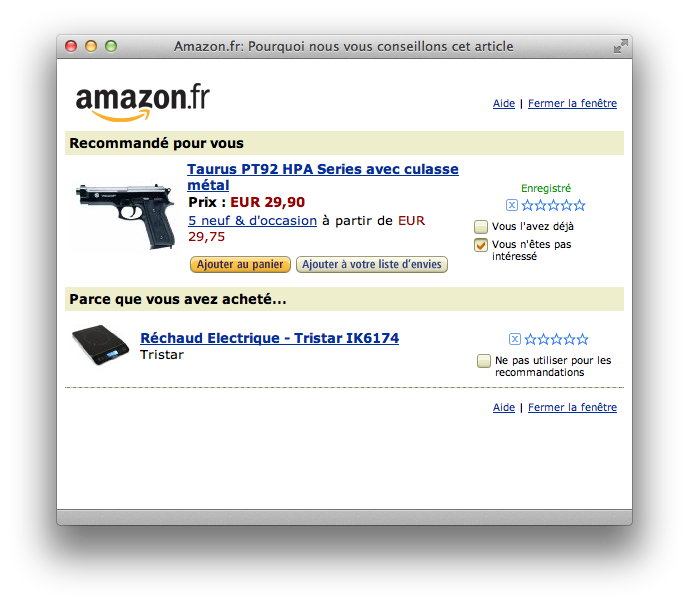 Amazon.fr recommends a replica gun after buying a hot plate.