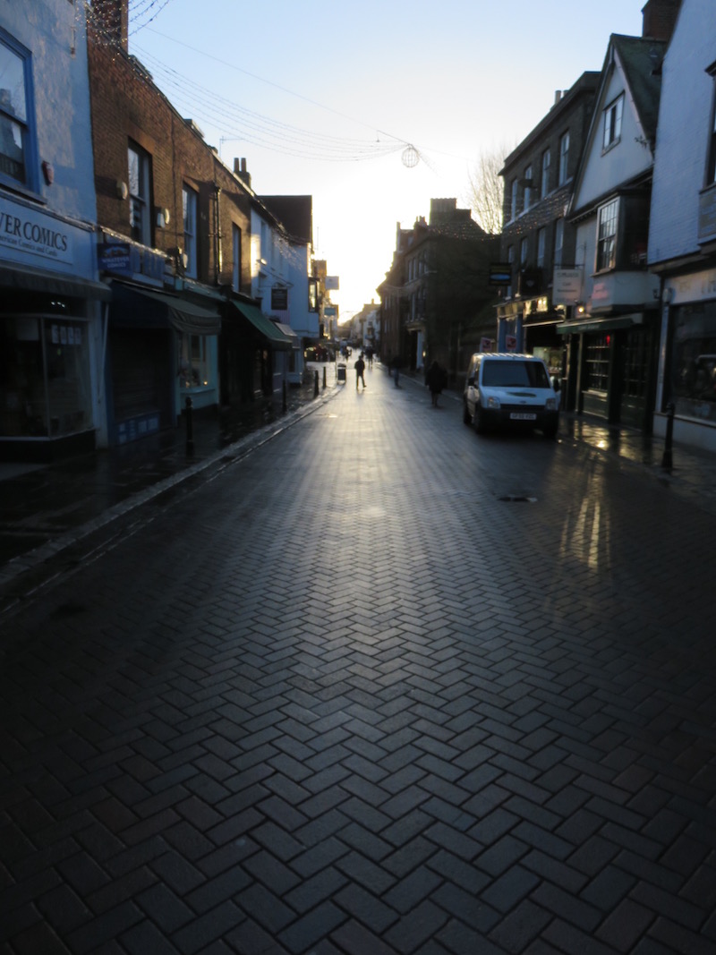 Morning view down a shopping street in Canterbury.