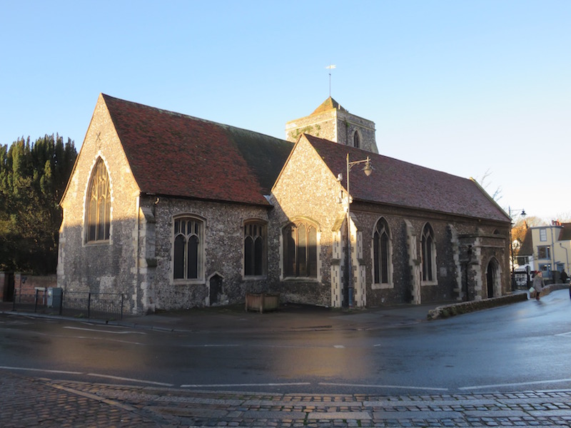 Church near a gate to the city of Canterbury.