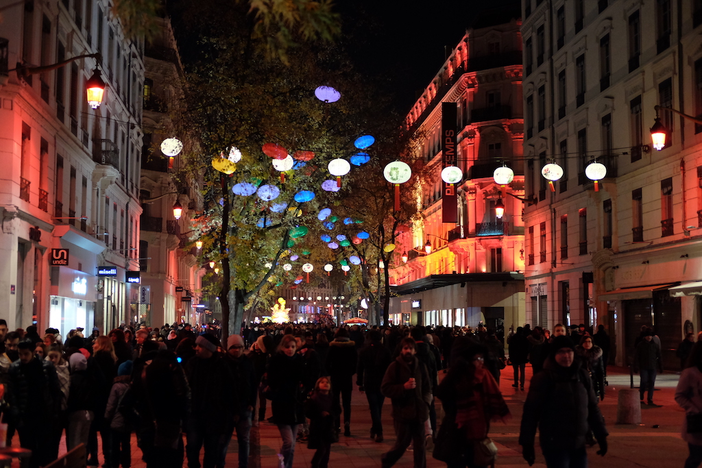 Lanterns spans rue de la Republique. in Lyon.