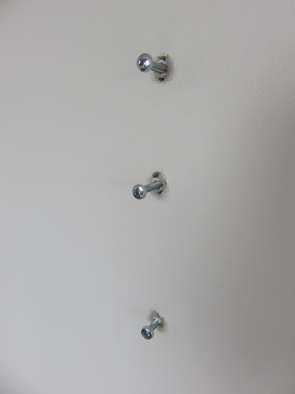 Three toggle bolts with plastic trimmed off.
