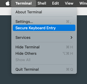 Screenshot of macOS Terminal.app with a menu item highlighted