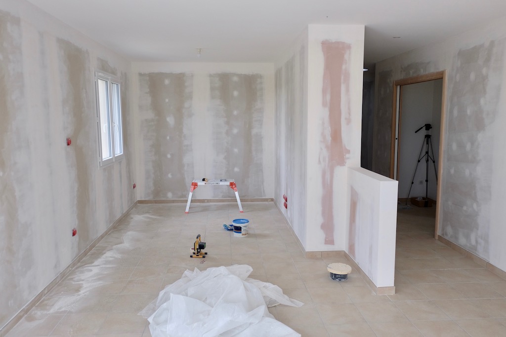 The mains room sanded, patched, and ready to paint